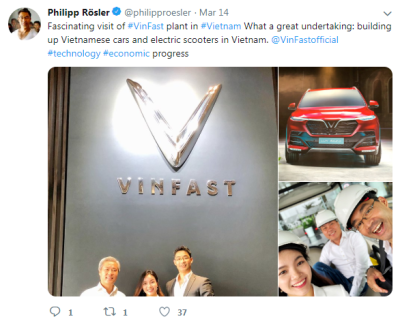 Cựu Phó Thủ tướng Đức ghé thăm nhà máy VinFast Twitter của Cựu Phó Thủ tướng Đức sau chuyến thăm VinFast