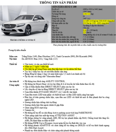 Thông số kỹ thuật Mercedes-Benz C180 2020 tại Việt Nam Thông số kỹ thuật Mercedes-Benz C180 2020 tại Việt Nam